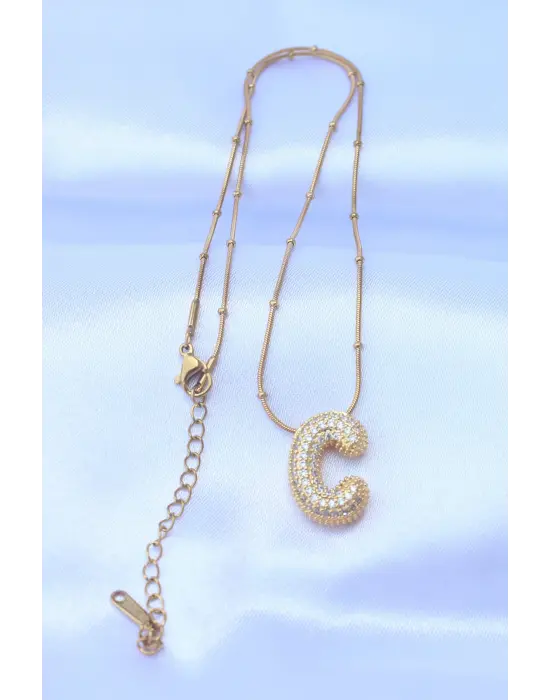  Zincirli Zirkon Taşlı C Harfli Altın  Bubble Çelik Kolye