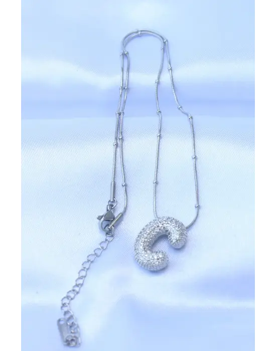  Zincirli Zirkon Taşlı C Harfli Gümüş  Bubble Çelik Kolye