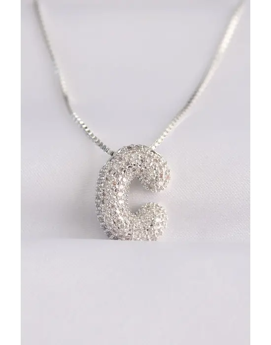  Zincirli Zirkon Taşlı C Harfli Silver  Bubble Çelik Kolye