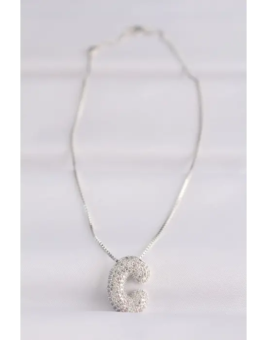  Zincirli Zirkon Taşlı C Harfli Silver  Bubble Çelik Kolye