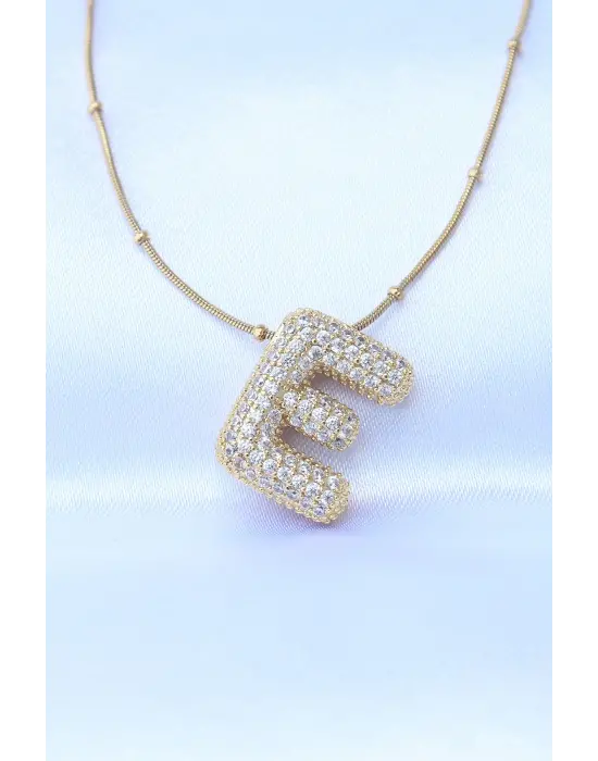  Zincirli Zirkon Taşlı E Harfli Altın  Bubble Çelik Kolye