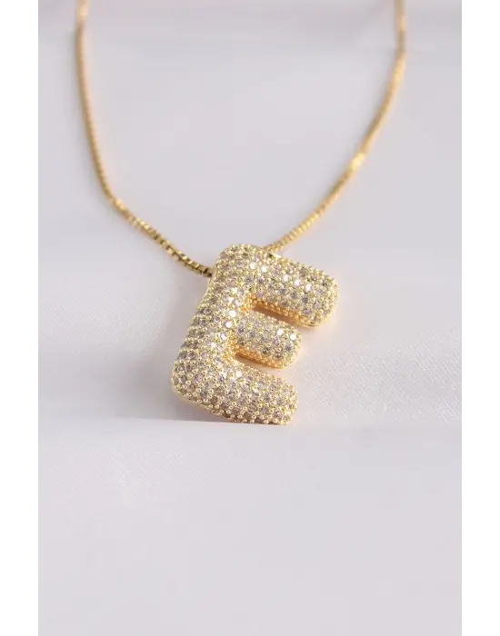  Zincirli Zirkon Taşlı E Harfli Altın  Bubble Çelik Kolye