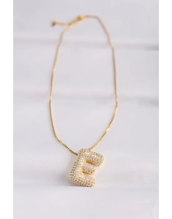  Zincirli Zirkon Taşlı E Harfli Altın  Bubble Çelik Kolye