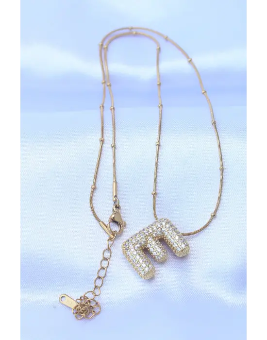  Zincirli Zirkon Taşlı E Harfli Altın  Bubble Çelik Kolye