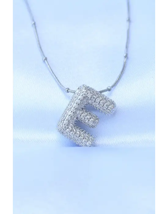  Zincirli Zirkon Taşlı E Harfli Gümüş  Bubble Çelik Kolye