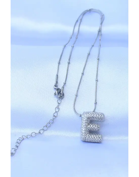  Zincirli Zirkon Taşlı E Harfli Gümüş  Bubble Çelik Kolye