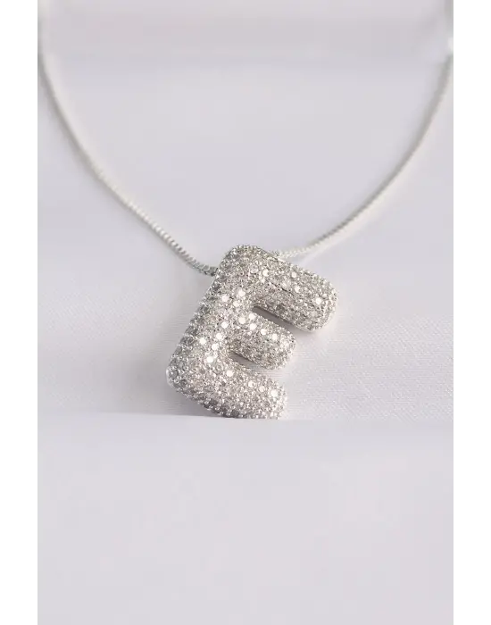  Zincirli Zirkon Taşlı E Harfli Silver  Bubble Çelik Kolye