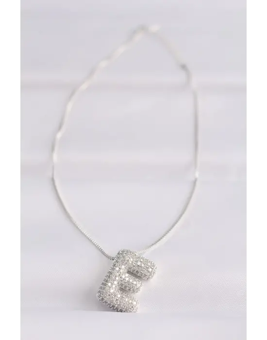  Zincirli Zirkon Taşlı E Harfli Silver  Bubble Çelik Kolye