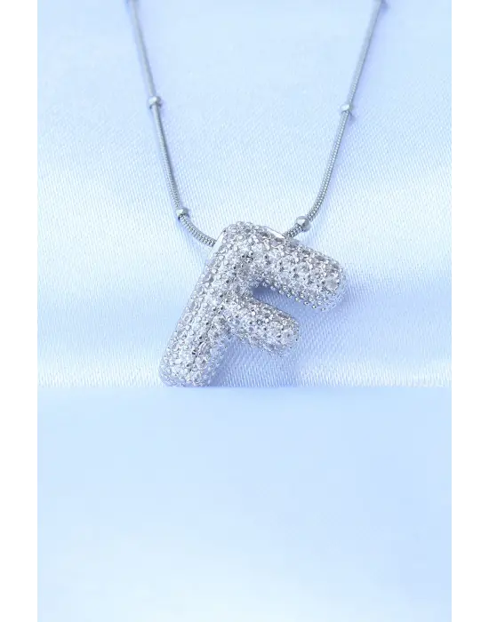  Zincirli Zirkon Taşlı F Harfli Gümüş  Bubble Çelik Kolye