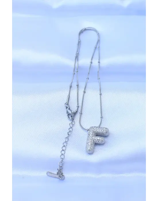  Zincirli Zirkon Taşlı F Harfli Gümüş  Bubble Çelik Kolye