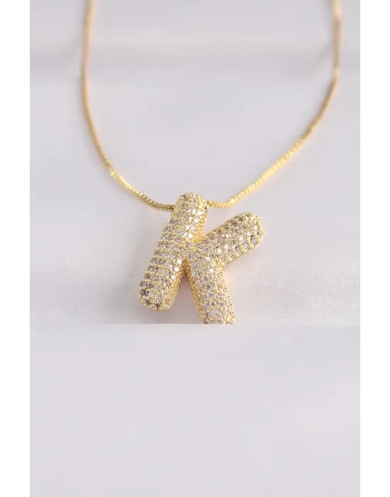  Zincirli Zirkon Taşlı K Harfli Altın  Bubble Çelik Kolye