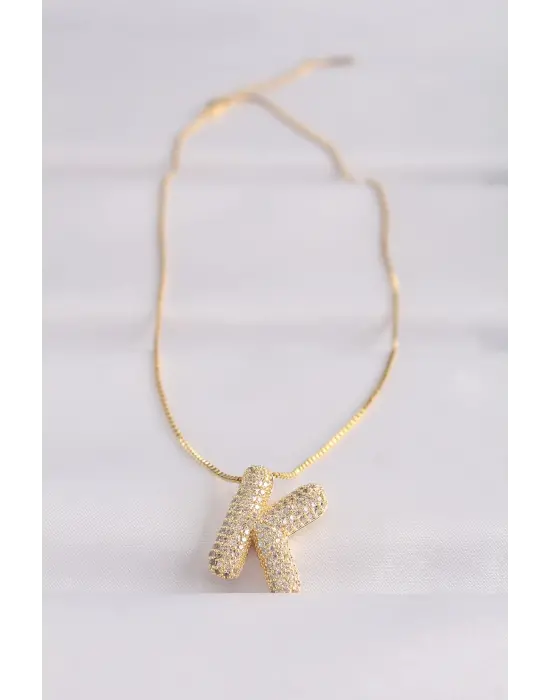  Zincirli Zirkon Taşlı K Harfli Altın  Bubble Çelik Kolye