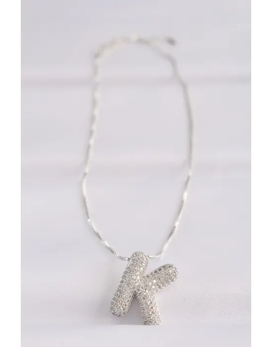  Zincirli Zirkon Taşlı K Harfli Silver  Bubble Çelik Kolye