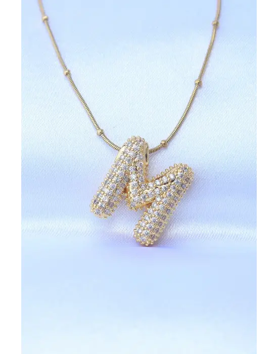  Zincirli Zirkon Taşlı M Harfli Altın  Bubble Çelik Kolye