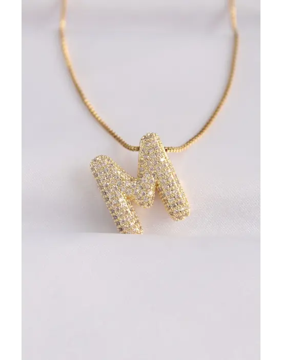  Zincirli Zirkon Taşlı M Harfli Altın  Bubble Çelik Kolye