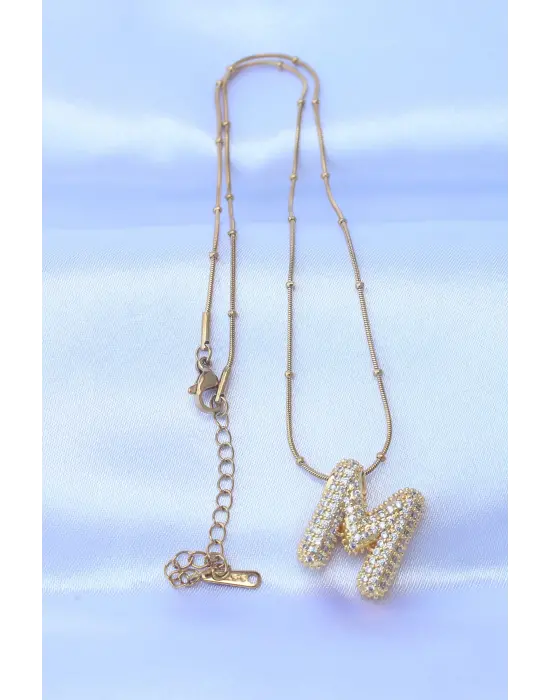  Zincirli Zirkon Taşlı M Harfli Altın  Bubble Çelik Kolye