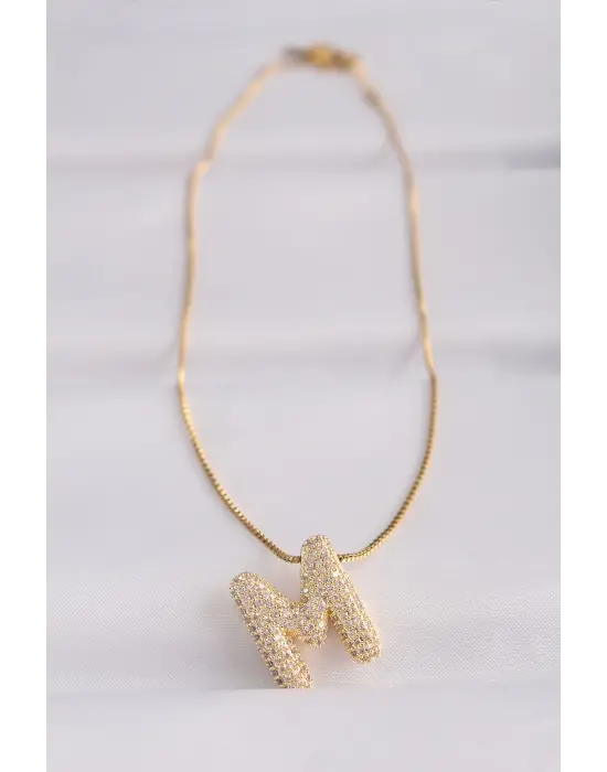  Zincirli Zirkon Taşlı M Harfli Altın  Bubble Çelik Kolye