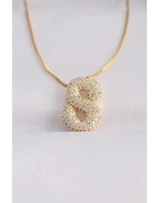  Zincirli Zirkon Taşlı S Harfli Altın  Bubble Çelik Kolye