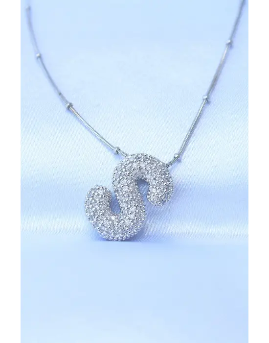  Zincirli Zirkon Taşlı S Harfli Gümüş  Bubble Çelik Kolye