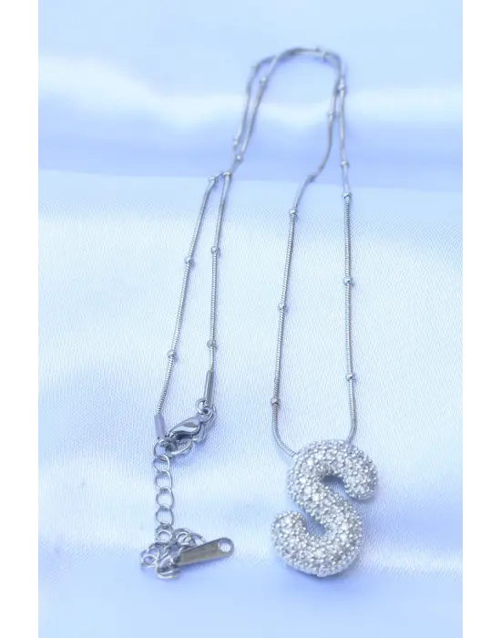  Zincirli Zirkon Taşlı S Harfli Gümüş  Bubble Çelik Kolye