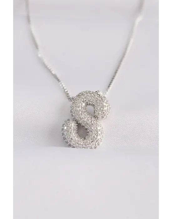  Zincirli Zirkon Taşlı S Harfli Silver  Bubble Çelik Kolye