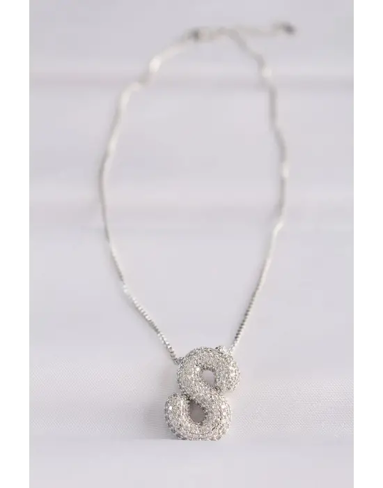  Zincirli Zirkon Taşlı S Harfli Silver  Bubble Çelik Kolye