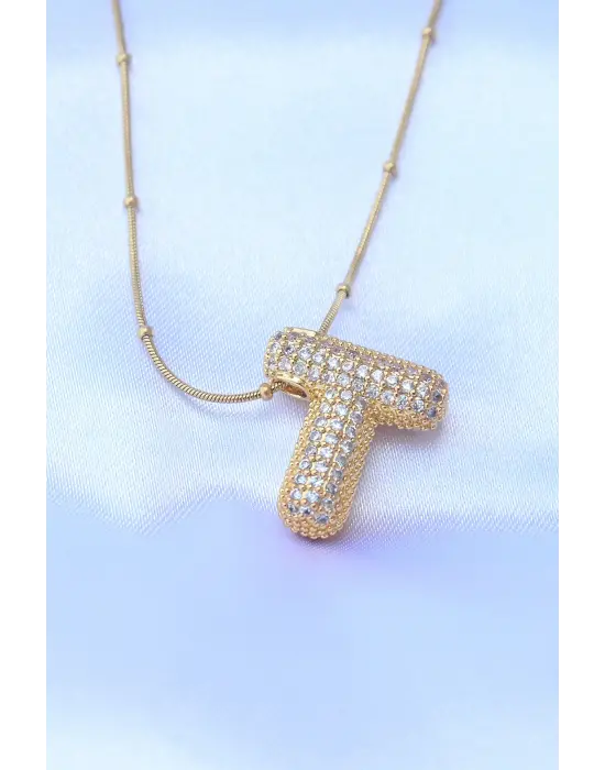  Zincirli Zirkon Taşlı T Harfli Altın  Bubble Çelik Kolye