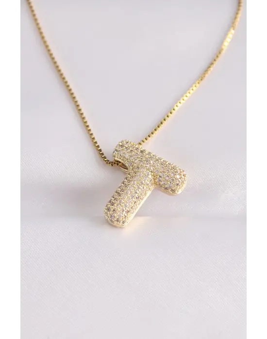  Zincirli Zirkon Taşlı T Harfli Altın  Bubble Çelik Kolye