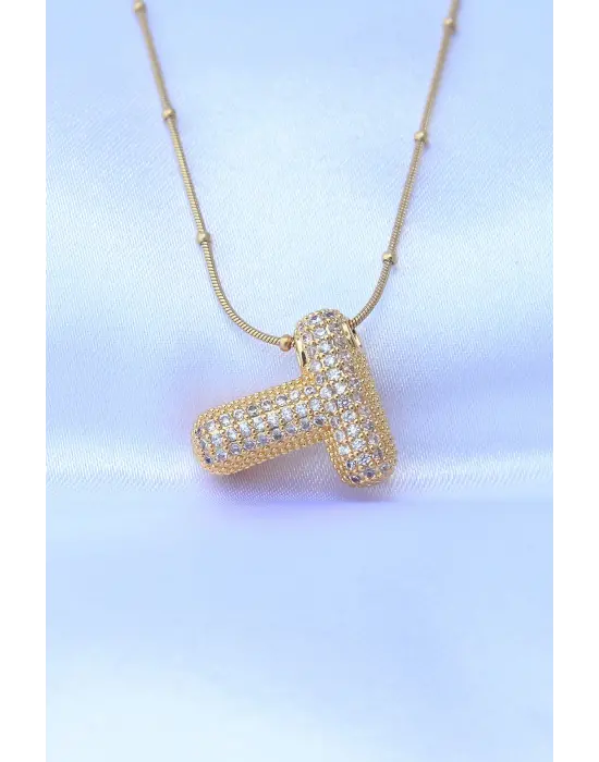  Zincirli Zirkon Taşlı T Harfli Altın  Bubble Çelik Kolye