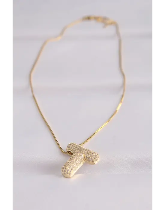  Zincirli Zirkon Taşlı T Harfli Altın  Bubble Çelik Kolye