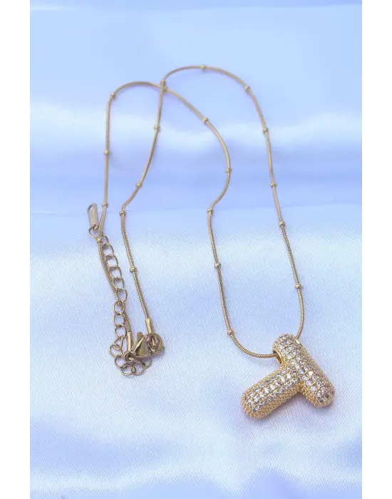  Zincirli Zirkon Taşlı T Harfli Altın  Bubble Çelik Kolye