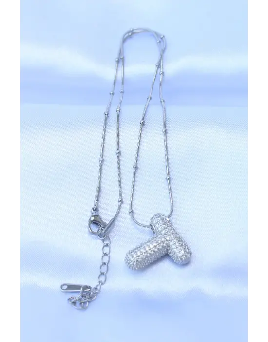  Zincirli Zirkon Taşlı T Harfli Gümüş  Bubble Çelik Kolye