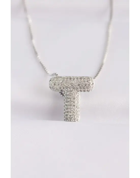  Zincirli Zirkon Taşlı T Harfli Silver  Bubble Çelik Kolye