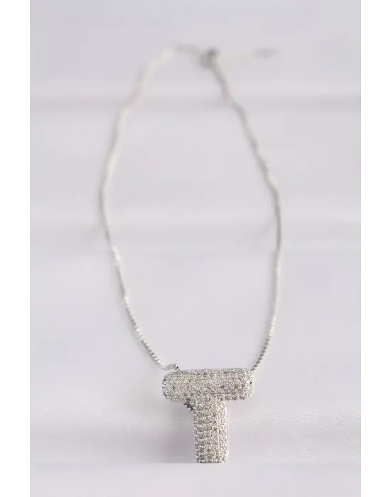  Zincirli Zirkon Taşlı T Harfli Silver  Bubble Çelik Kolye