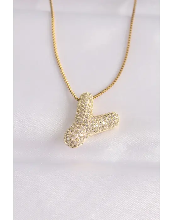  Zincirli Zirkon Taşlı Y Harfli Altın  Bubble Çelik Kolye