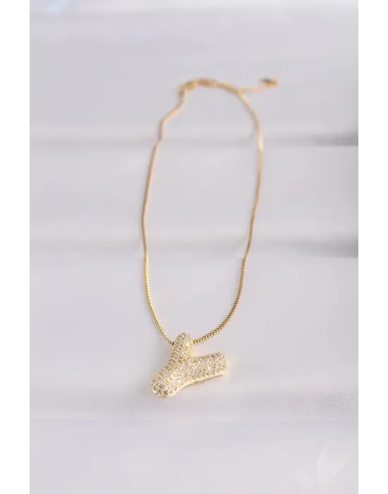  Zincirli Zirkon Taşlı Y Harfli Altın  Bubble Çelik Kolye