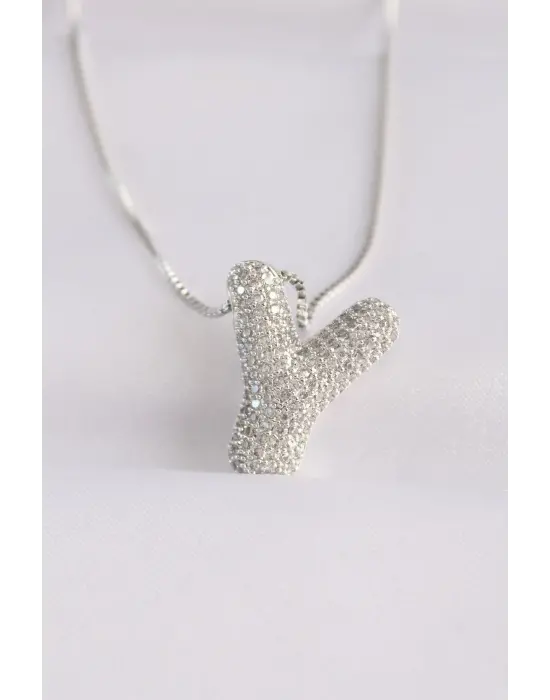  Zincirli Zirkon Taşlı Y Harfli Silver  Bubble Çelik Kolye