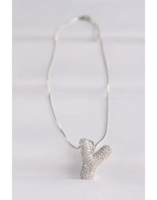  Zincirli Zirkon Taşlı Y Harfli Silver  Bubble Çelik Kolye