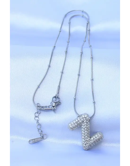  Zincirli Zirkon Taşlı Z Harfli Gümüş  Bubble Çelik Kolye