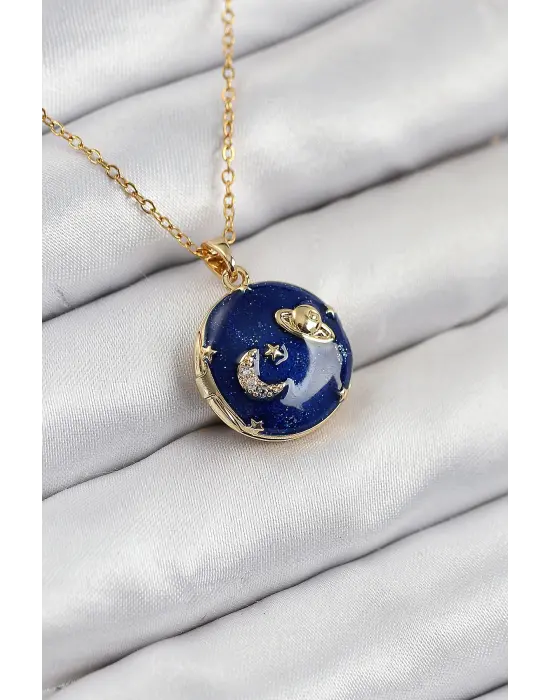 316L Çelik Zirkon Taşlı Açılabilr Kapaklı Gezegen Model Gold Renk Kadın Kolye