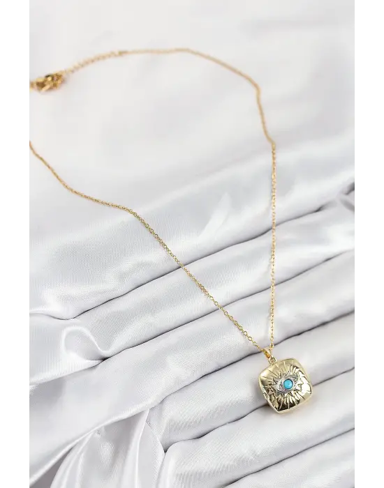 316L Çelik Zirkon Taşlı Açılabilr Kapaklı Göz Model Gold Renk Kadın Kolye