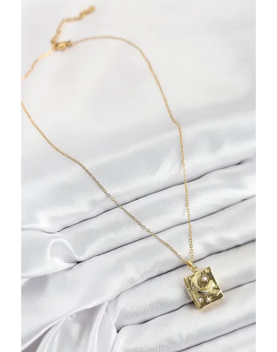 316L Çelik Zirkon Taşlı Açılabilr Kapaklı Kitap Model Gold Renk Kadın Kolye