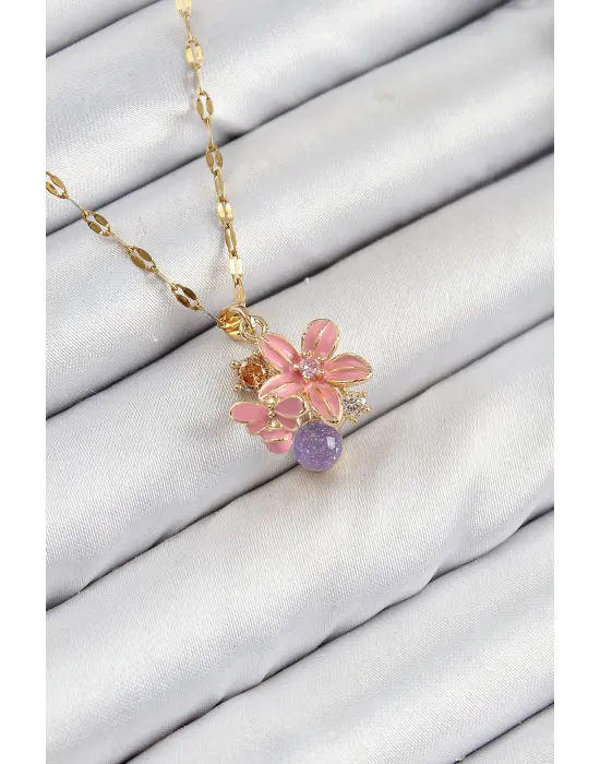 316L Çelik Zirkon Taşlı Arı Detaylı Pembe Çiçek Model Gold Renk Kadın Kolye