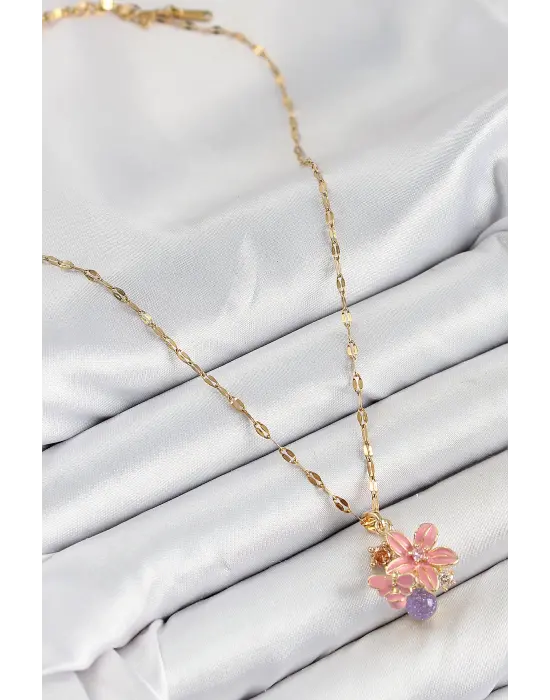 316L Çelik Zirkon Taşlı Arı Detaylı Pembe Çiçek Model Gold Renk Kadın Kolye