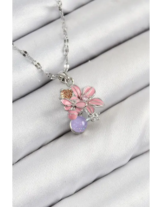 316L Çelik Zirkon Taşlı Arı Detaylı Pembe Çiçek Model Gümüş Renk Kadın Kolye