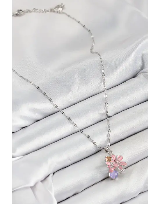 316L Çelik Zirkon Taşlı Arı Detaylı Pembe Çiçek Model Gümüş Renk Kadın Kolye