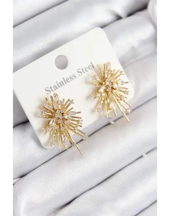 316L Çelik Zirkon Taşlı Aurora Işıltı Model Gold Renk Kadın Küpe