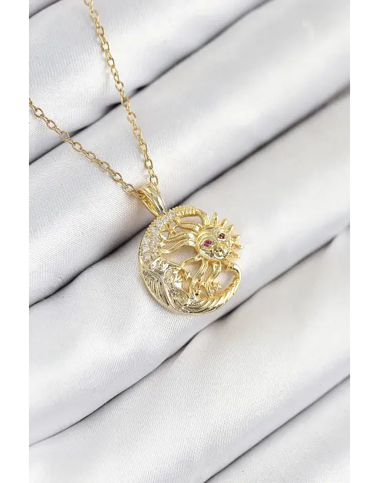 316L Çelik Zirkon Taşlı Ay Ve Güneş Model Gold Renk Kadın Kolye