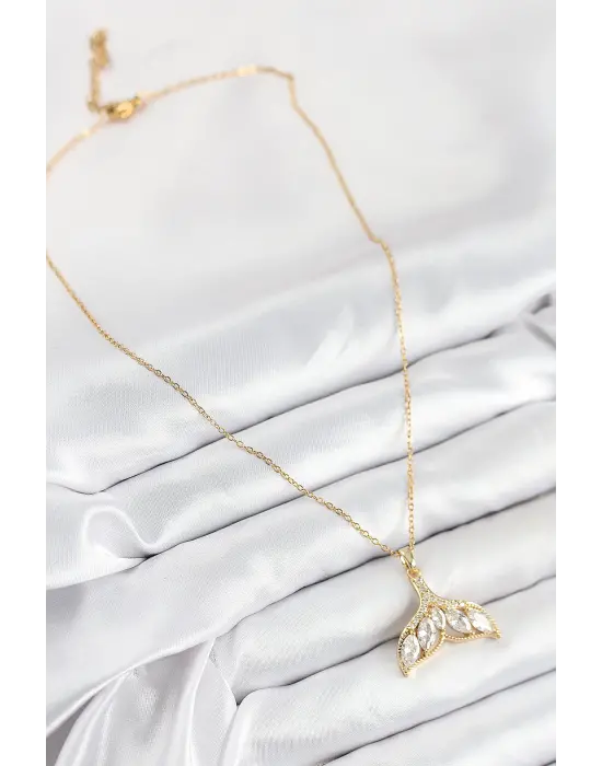 316L Çelik Zirkon Taşlı Balık Kuyruğu Model Gold Renk Kadın Kolye