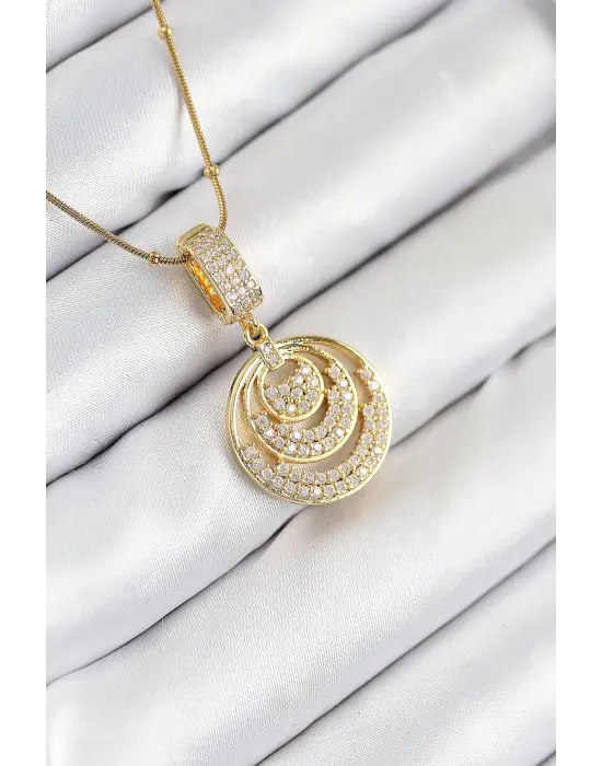 316L Çelik Zirkon Taşlı Çember Model Gold Renk Kadın Kolye